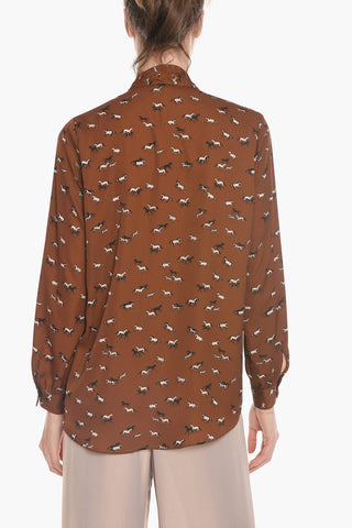 Tech-satin JOANA Tie-neck Blouse with Horse Print