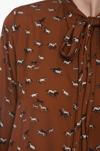 Tech-satin JOANA Tie-neck Blouse with Horse Print