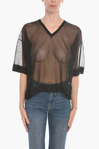 Lurex-mesh Short-sleeved Blouse with V Neckline