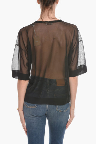 Lurex-mesh Short-sleeved Blouse with V Neckline