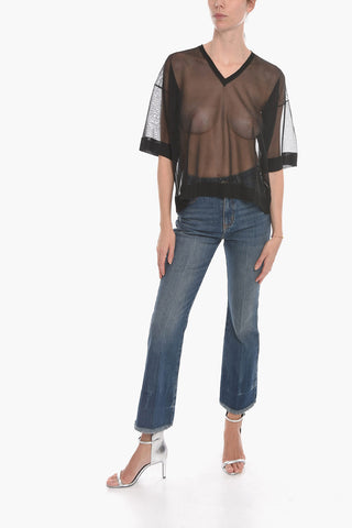 Lurex-mesh Short-sleeved Blouse with V Neckline
