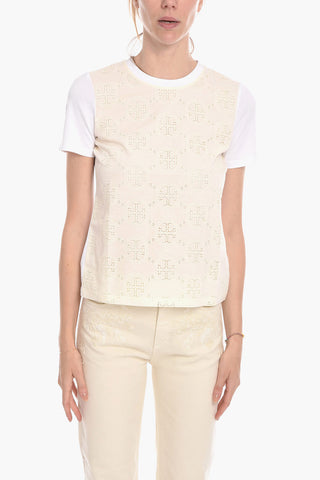 T-Shirt Logata con Broderie Anglaise