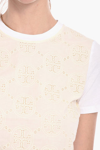 T-Shirt Logata con Broderie Anglaise