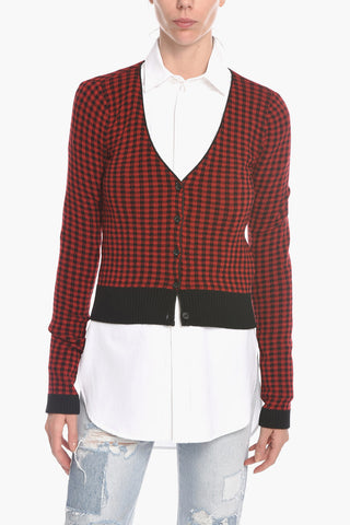 Wool Blend Cardigan with Gingham Check Pattern
