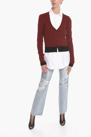 Wool Blend Cardigan with Gingham Check Pattern
