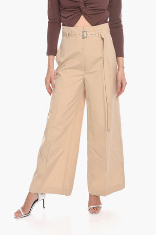 Pantaloni a Vita Alta in Popeline di Cotone con Cintura