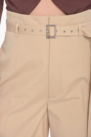 Pantaloni a Vita Alta in Popeline di Cotone con Cintura