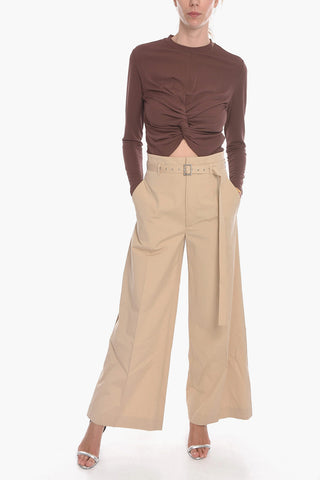 Pantaloni a Vita Alta in Popeline di Cotone con Cintura