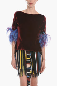 Velour T-Shirt with 3/4 Sleeves and Feather Detail