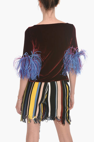 Velour T-Shirt with 3/4 Sleeves and Feather Detail