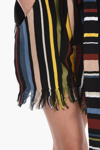 Cotton-knit High-waisted Shorts with Fringed Hems