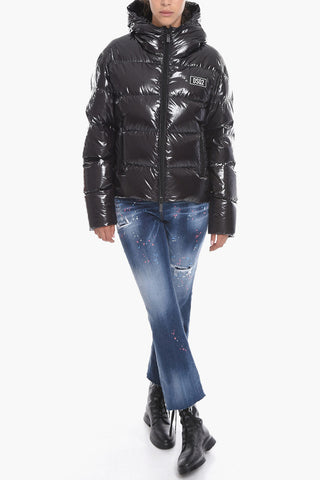 Piumino in Nylon Effetto Vernice con Cappuccio