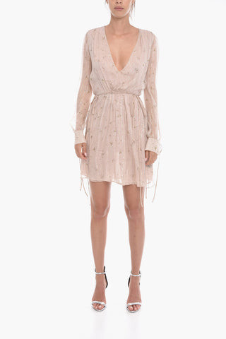 Floral Patterned Silk Chiffon Dress with Drawstring