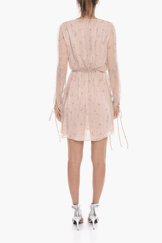 Floral Patterned Silk Chiffon Dress with Drawstring