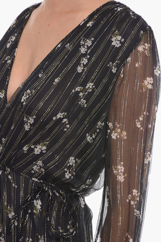 Floral Patterned Silk Chiffon Dress with Drawstring