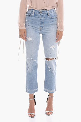 Cropped Fit Distressed Denims with Crystals 20cm