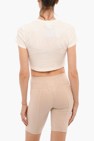 T-Shirt Crop Girocollo a Costine con Abbottonatura Frontale