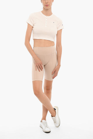 T-Shirt Crop Girocollo a Costine con Abbottonatura Frontale