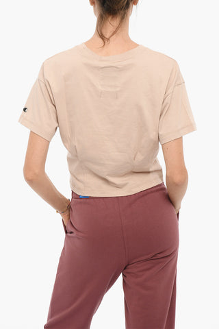 T-Shirt Crop Girocollo in Tinta Unita con Dettaglio Cuciture