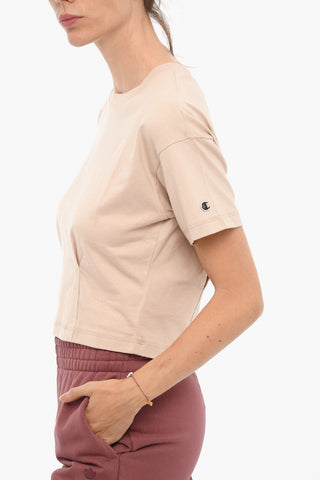 T-Shirt Crop Girocollo in Tinta Unita con Dettaglio Cuciture