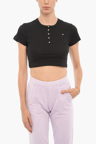T-Shirt Crop Girocollo a Costine con Abbottonatura Frontale