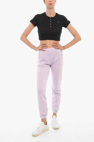 T-Shirt Crop Girocollo a Costine con Abbottonatura Frontale