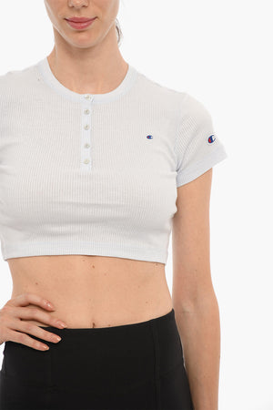 Ribbed Crewneck Crop T-Shirt with Front Buttoning