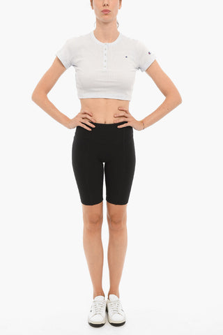 골지 크루넥 크롭 티셔츠 앞단추 디테일