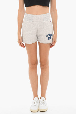Shorts in Cotone Garzato a Vita Alta con Stampa a Contrasto