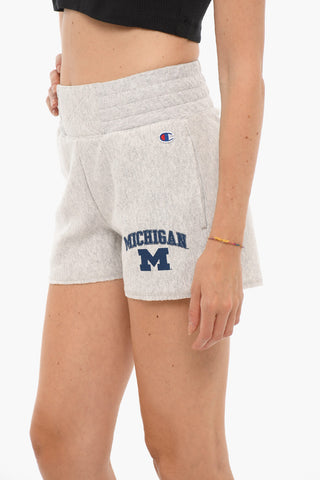 Shorts in Cotone Garzato a Vita Alta con Stampa a Contrasto