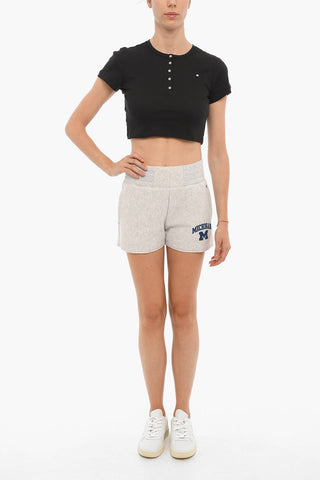 Shorts in Cotone Garzato a Vita Alta con Stampa a Contrasto