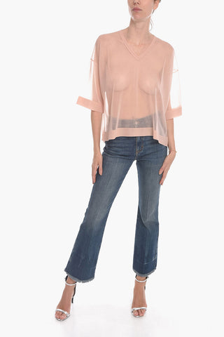 Blusa a Maniche Corte in Mesh di Lurex con Scollo a V