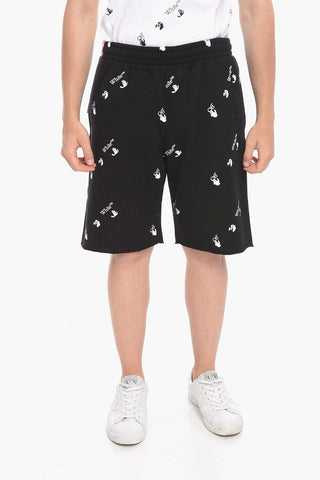 Fleeced-cotton Shorts with All-over Logo Print