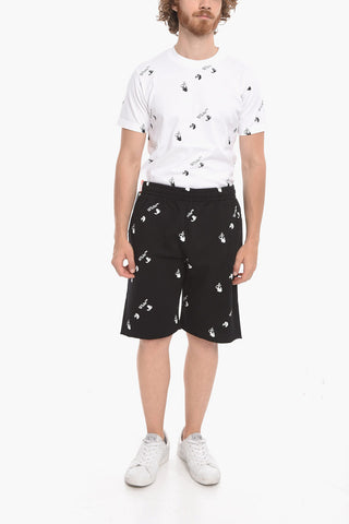 Fleeced-cotton Shorts with All-over Logo Print