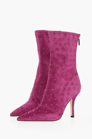 Suede HOLLY MAMA Pointed Boots Embelished With Rhinestones 10 cm