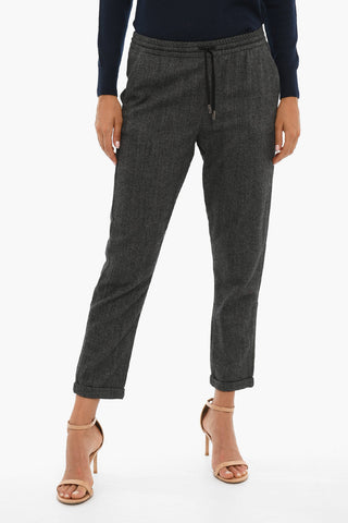 Herringbone Motif Cotton and Wool Pants with Drawstring Waist