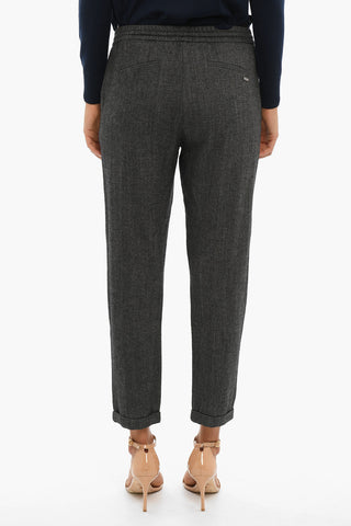 Herringbone Motif Cotton and Wool Pants with Drawstring Waist