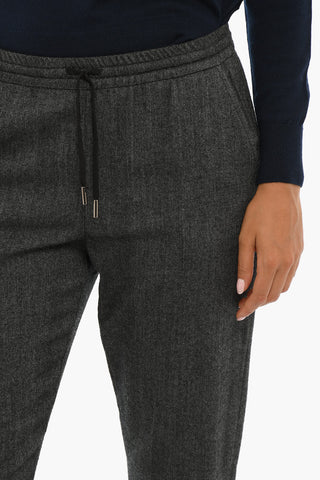 Herringbone Motif Cotton and Wool Pants with Drawstring Waist