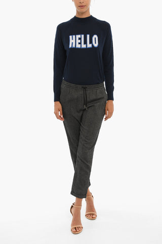 Herringbone Motif Cotton and Wool Pants with Drawstring Waist
