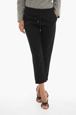 Herringbone Motif Cotton and Wool Pants with Drawstring Waist