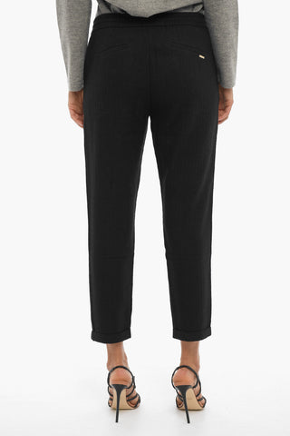 Herringbone Motif Cotton and Wool Pants with Drawstring Waist
