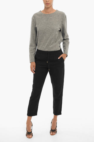 Herringbone Motif Cotton and Wool Pants with Drawstring Waist