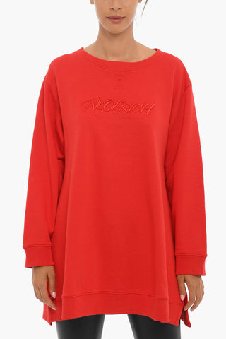 Solid Color Crew-neck Sweatshirt with Side Slit
