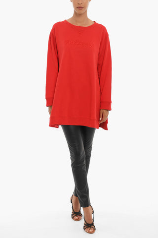 Solid Color Crew-neck Sweatshirt with Side Slit