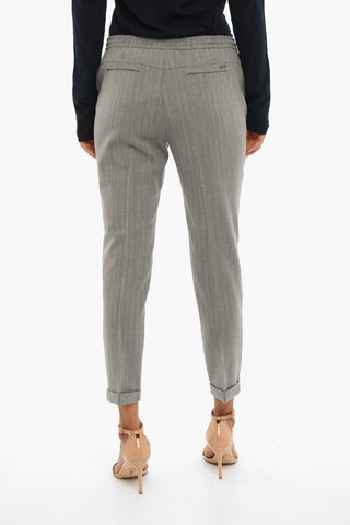 Pantaloni Motivo Herringone con Elastico in Vita ed Orlo con Risvolto