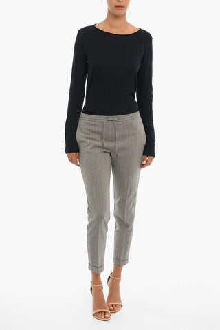 Pantaloni Motivo Herringone con Elastico in Vita ed Orlo con Risvolto
