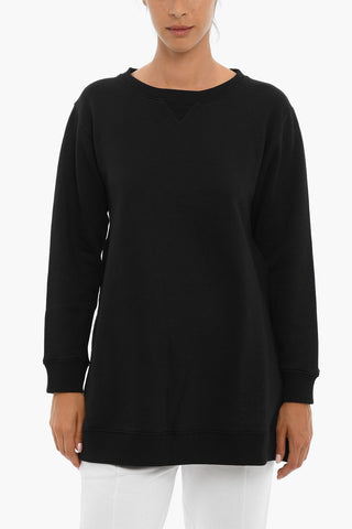 Fleeced Cotton Crew-neck Sweatshirt with Side Slits