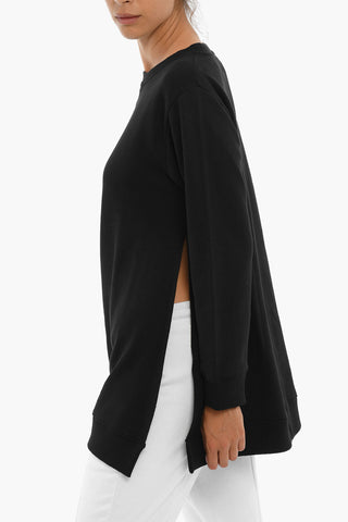 Fleeced Cotton Crew-neck Sweatshirt with Side Slits