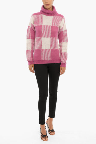 Two-Tone Checked Turtle-neck Sweater