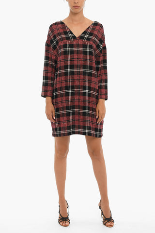 Plaid Motif Long Sleeve V-Neck WINTER CREPE Dress